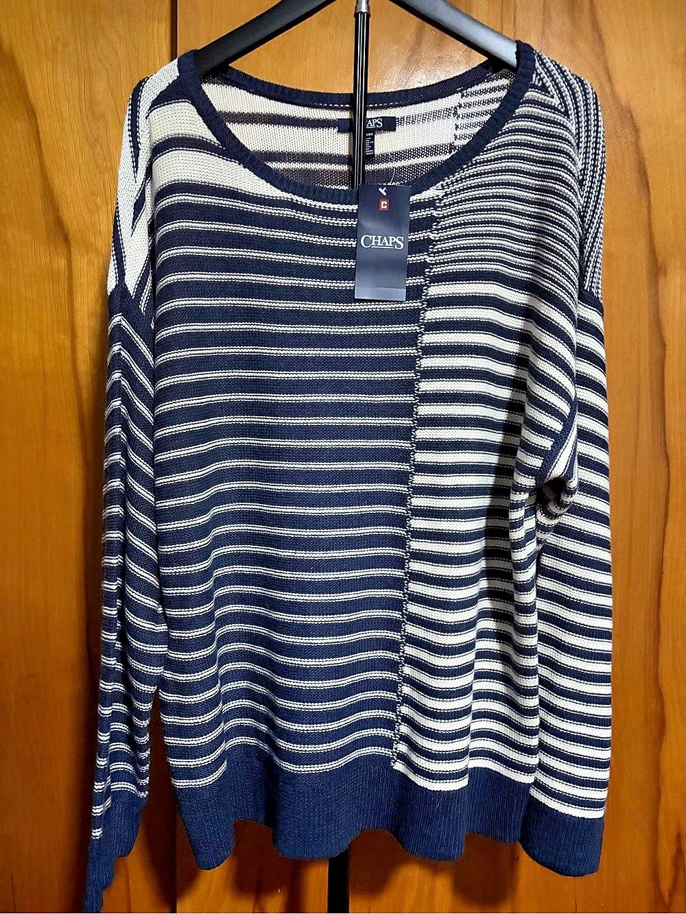 Chaps Spring DNM 1 Indigo BLU Striped Cotton Sweater Size XL NWT